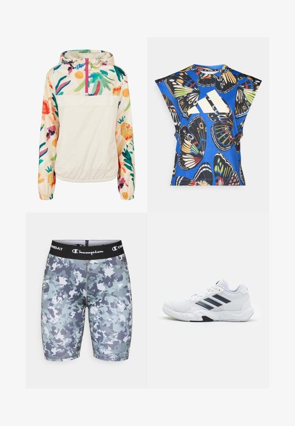 Veste à capuche légère en crème avec un motif floral aux couleurs vives. Elle dispose d'une fermeture éclair à l'avant et de poignets élastiques pour un ajustement sécurisé.; Chemise bleue à manches courtes ornée d'un imprimé de papillons colorés, avec un grand logo blanc sur le devant et un col rond.; Shorts de sport camouflage présentant un mélange de bleu clair, gris et blanc. Fabriqués en matériau extensible, avec une taille élastique noire.; Baskets blanches avec une tige en maille, trois rayures noires sur le côté, des accents texturés et une semelle en caoutchouc robuste avec une section noire contrastante.