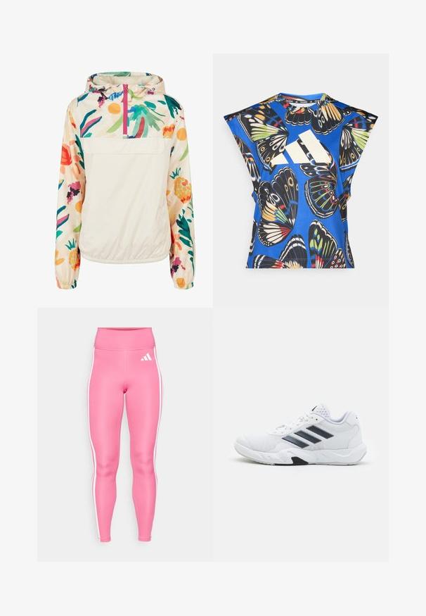 Giacca leggera a pullover in crema con un motivo floreale dai colori vivaci. Caratterizzata da una zip anteriore, cappuccio e polsini elastici per una vestibilità sicura.; Camicia blu a maniche corte con una vivace stampa di farfalle in vari colori, dotata di un grande logo bianco sul davanti e di un collo rotondo.; Leggings rosa con vita alta, realizzati in materiale elasticizzato, con strisce laterali bianche e un logo bianco sulla coscia superiore.; Scarpa sportiva bianca con tomaia in mesh, tre strisce nere sui lati, dettagli testurizzati e una suola in gomma robusta con una sezione nera a contrasto.