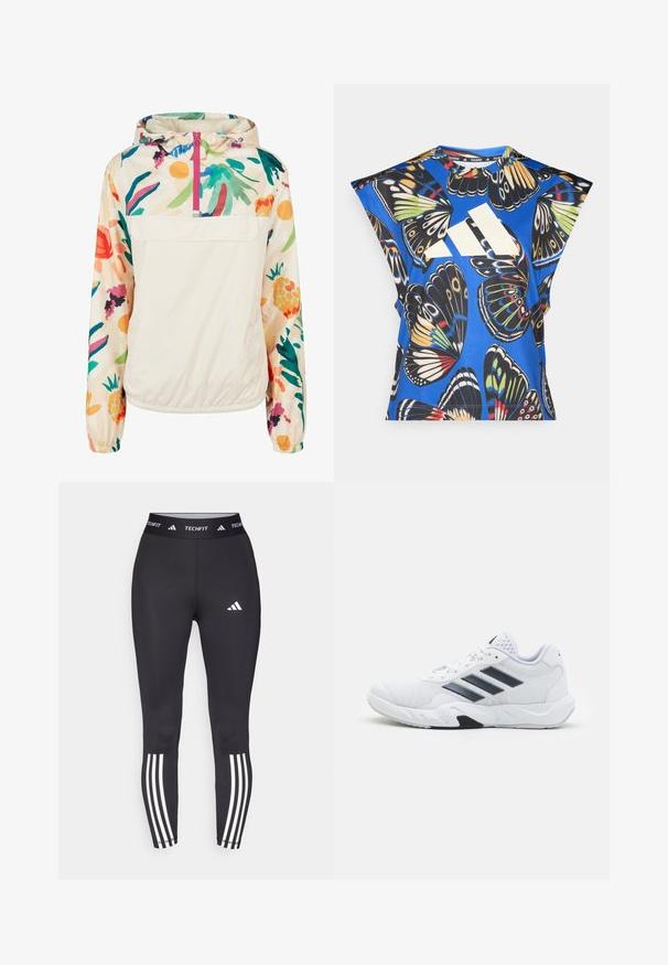 Könnyű, krémszínű pulóver dzseki élénk színekben pompázó virágmintával. Elöl cipzárral, kapucnival és elasztikus mandzsettákkal a biztonságos illeszkedés érdekében.; Kék, rövid ujjú ing, amelyet élénk pillangó mintázat díszít különböző színekben, az elején egy nagy fehér logóval és kerek nyakkivágással.; Fekete sport leggings, hogy testhezálló fazonúak, TECHFIT derékrésszel és három fehér csíkkal a nadrág szárán. Simaság jellemzi.; Fehér sportcipő, hálós felsőrésszel, az oldalon három fekete csíkkal, textúrázott részletekkel és egy tartós gumi talppal, amelynek ellentétes fekete szakasza van.