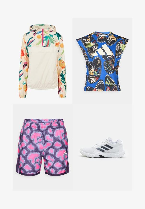 Chaqueta ligera de crema con un patrón floral en colores vibrantes. Presenta un cierre frontal, capucha y puños elásticos para un ajuste seguro.; Camisa de manga corta azul con un vibrante estampado de mariposas en varios colores, con un gran logo blanco en la parte delantera y un escote redondo.; Pantalones cortos morados con un patrón de manchas en rosa y azul claro, cinturilla elástica y aberturas laterales para ventilación. Presenta un pequeño detalle de logo en blanco.; Zapatilla deportiva blanca con parte superior de malla, tres franjas negras a los lados, acentos texturizados y una suela de goma resistente con una sección negra en contraste.