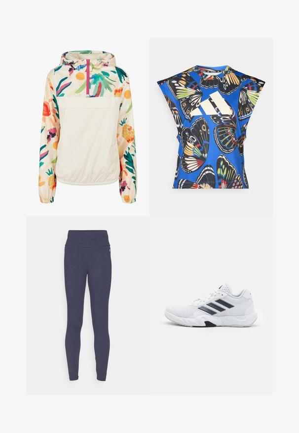 Lehký krémový pulover s květinovým vzorem v živých barvách. Má přední zip, kapuci a elastické manžety pro bezpečné nošení.; Modrá košile s krátkými rukávy, která má živý potisk motýlů v různých barvách, velké bílé logo na přední straně a kulatý výstřih.; Námořnické legíny s vysokým pasem, vyrobené z měkkého, elastického materiálu. Mají hladkou texturu a délku až k kotníkům.; Bílé sportovní boty s vrškem ze síťoviny, třemi černými pruhy po stranách, texturovanými akcenty a odolnou gumovou podrážkou s kontrastní černou částí.