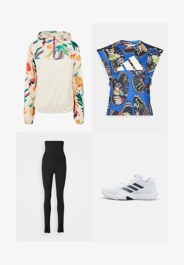 Lengvas, kreminės spalvos megztinis su gėlėmis ryškiomis spalvomis. Savybės: priekinis užtrauktukas, kapišonas ir elastingi rankogaliai, užtikrinantys tvirtą tinkamumą.; Mėlyna trumpomis rankovėmis marškinėliai, puošti ryškiais drugelių motyvais įvairiomis spalvomis, su dideliu baltu logotipu priekyje ir apvaliu iškirpimu.; adidas by Stella McCartney Tamprės - black; Baltas sportinis batelis su tinklelio viršumi, trimis juodomis juostelėmis šone, tekstūruotais akcentais ir tvirtu guminio pado su kontrastinga juoda dalimi.