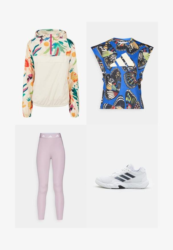 Lichtgewicht, crèmekleurige pulloverjack met een bloemenpatroon in levendige kleuren. Voorzien van een rits aan de voorkant, een capuchon en elastische manchetten voor een omsloten pasvorm.; Blauw T-shirt met korte mouwen, versierd met een levendige vlinderprint in verschillende kleuren, met een groot wit logo aan de voorkant en een ronde halslijn.; adidas Performance TECHFIT 7/8 - Tights - preloved fig; Witte sportieve schoen met een bovenwerk van mesh, drie zwarte strepen aan de zijkant, gestructureerde accenten en een stevige rubberen zool met een contrasterend zwart gedeelte.
