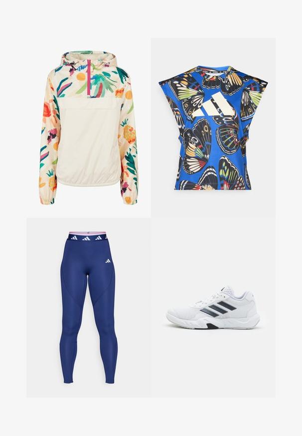 Lengvas, kreminės spalvos megztinis su gėlėmis ryškiomis spalvomis. Savybės: priekinis užtrauktukas, kapišonas ir elastingi rankogaliai, užtikrinantys tvirtą tinkamumą.; Mėlyna trumpomis rankovėmis marškinėliai, puošti ryškiais drugelių motyvais įvairiomis spalvomis, su dideliu baltu logotipu priekyje ir apvaliu iškirpimu.; Jūriniai sportiniai leggingai su aukštu liemeniu, turintys rožinio ir balto logotipo juostą. Lygus paviršius ir sportinė klasė su siūlių detalizavimu.; Baltas sportinis batelis su tinklelio viršumi, trimis juodomis juostelėmis šone, tekstūruotais akcentais ir tvirtu guminio pado su kontrastinga juoda dalimi.