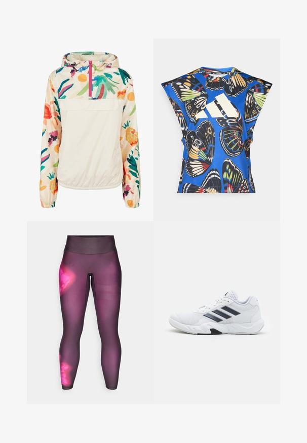 Ľahká, krémová puloverová bunda s kvetinovým vzorom v živých farbách. Obsahuje predný zips, kapucňu a elastické manžety pre bezpečné uchytenie.; Modrá košeľa s krátkym rukávom s živým potlačou motýľa v rôznych farbách, s veľkým bielym logom na prednej strane a okrúhlym výstrihom.; Fialové športové legíny s vysokým pásom, ktoré majú gradientný dizajn a sieťové pruhy na dolnej časti nohy pre lepšiu ventiláciu.; Biele športové topánky s ventilovaným vrchom, tromi čiernymi pruhmi po stranách, textúrovanými akcentmi a pevným gumovým podošvom s kontrastnou čiernou časťou.