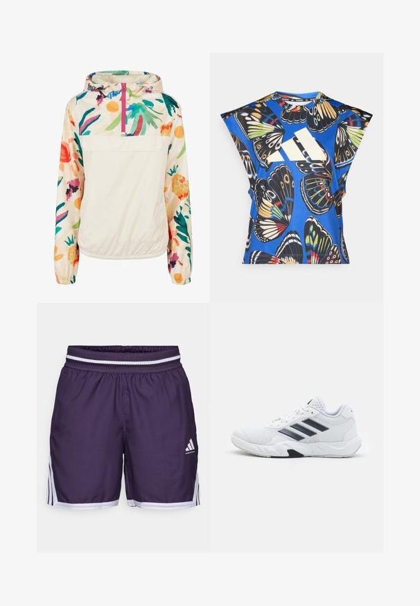 Lengvas, kreminės spalvos megztinis su gėlėmis ryškiomis spalvomis. Savybės: priekinis užtrauktukas, kapišonas ir elastingi rankogaliai, užtikrinantys tvirtą tinkamumą.; Mėlyna trumpomis rankovėmis marškinėliai, puošti ryškiais drugelių motyvais įvairiomis spalvomis, su dideliu baltu logotipu priekyje ir apvaliu iškirpimu.; Violet krepšinio šortai su elastinga juosta, dekoruoti baltais tinkliniais akcentais. Sudaro šoninės juostos ir logotipas apatinėje priekyje.; Baltas sportinis batelis su tinklelio viršumi, trimis juodomis juostelėmis šone, tekstūruotais akcentais ir tvirtu guminio pado su kontrastinga juoda dalimi.