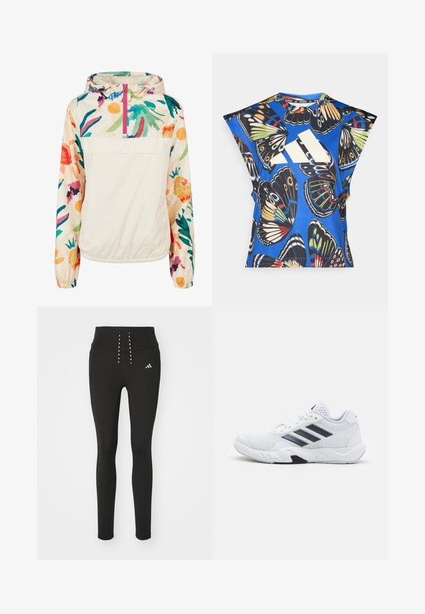 Lichtgewicht, crèmekleurige pulloverjack met een bloemenpatroon in levendige kleuren. Voorzien van een rits aan de voorkant, een capuchon en elastische manchetten voor een omsloten pasvorm.; Blauw T-shirt met korte mouwen, versierd met een levendige vlinderprint in verschillende kleuren, met een groot wit logo aan de voorkant en een ronde halslijn.; Zwarte sportleggings met hoge tailleband, voorzien van stijlvol vetersluitingdetail en subtiel logo aan de zijkant. Zachte, rekbare stof.; Witte sportieve schoen met een bovenwerk van mesh, drie zwarte strepen aan de zijkant, gestructureerde accenten en een stevige rubberen zool met een contrasterend zwart gedeelte.