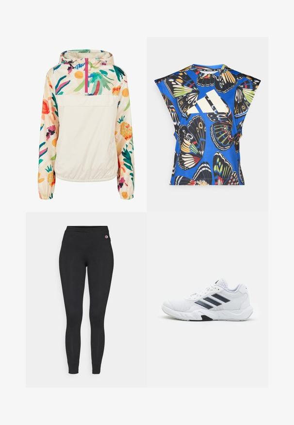 Chaqueta ligera de crema con un patrón floral en colores vibrantes. Presenta un cierre frontal, capucha y puños elásticos para un ajuste seguro.; Camisa de manga corta azul con un vibrante estampado de mariposas en varios colores, con un gran logo blanco en la parte delantera y un escote redondo.; Leggings negros ajustados con cintura elástica, que presentan un pequeño logo de Champion en la cadera superior izquierda.; Zapatilla deportiva blanca con parte superior de malla, tres franjas negras a los lados, acentos texturizados y una suela de goma resistente con una sección negra en contraste.