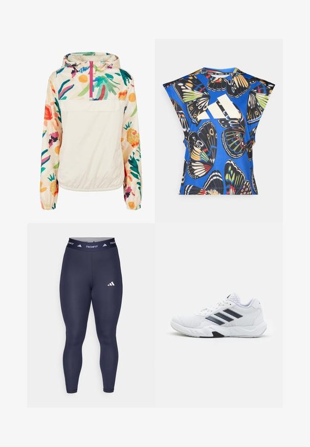 Giacca leggera a pullover in crema con un motivo floreale dai colori vivaci. Caratterizzata da una zip anteriore, cappuccio e polsini elastici per una vestibilità sicura.; Camicia blu a maniche corte con una vivace stampa di farfalle in vari colori, dotata di un grande logo bianco sul davanti e di un collo rotondo.; Leggings blu navy realizzati in tessuto elasticizzato con vita alta. Presentano il marchio "TECHFIT" e un logo Adidas bianco sulla coscia.; Scarpa sportiva bianca con tomaia in mesh, tre strisce nere sui lati, dettagli testurizzati e una suola in gomma robusta con una sezione nera a contrasto.