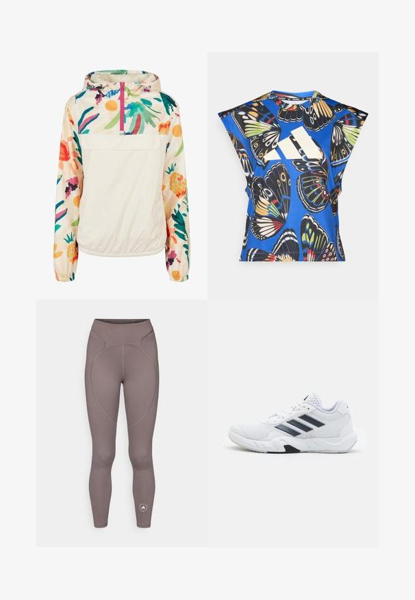 Jachetă pulover ușoară, din crem, cu un model floral în culori vibrante. Are un fermoar frontal, gluga și manșete elastice pentru o fixare sigură.; Cămașă albastră cu mânecă scurtă, decorată cu un imprimeu vibrant de fluturi în diverse culori, având un mare logo alb pe față și un guler rotund.; adidas by Stella McCartney Leggings - charcoal; Adidași albi cu partea superioară din plasă, trei dungi negre pe lateral, accente texturate și o talpă din cauciuc solidă cu o secțiune contrastantă neagră.