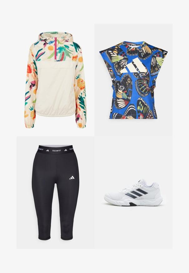 Gaišs, krēmkrāsas džemperis ar ziedu rakstu spilgtās krāsās. Iespējas ietver priekšējo rāvējslēdzēju, kapuci un elastīgas aproces drošai piegulšanai.; Zils īsām piedurknēm krekls ar dzīvīgu tauriņu drukājumu dažādās krāsās, ar lielu baltu logo priekšpusē un apaļu kakla izgriezumu.; Melni Techfit kapri legingi, kas izgatavoti no elastīga materiāla. Iezīmējas ar plašu jostasvietu ar baltu zīmolu un mazu baltu logotipu uz augšstilba.; Baltā sporta apavi ar sietu augšdaļu, trīs melnām svītrām sānos, teksturētām akcentiem un izturīgu gumijas zoli ar kontrastējošu melnu daļu.