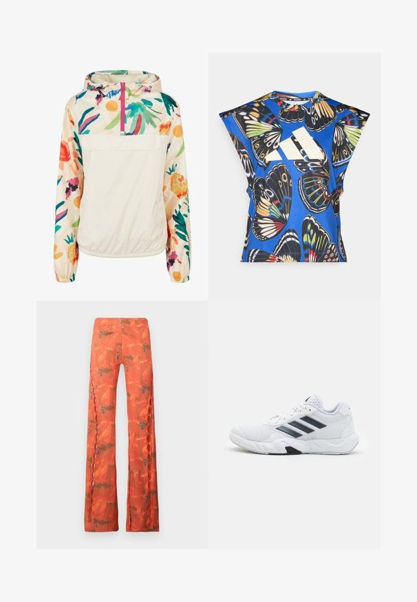 Ľahká, krémová puloverová bunda s kvetinovým vzorom v živých farbách. Obsahuje predný zips, kapucňu a elastické manžety pre bezpečné uchytenie.; Modrá košeľa s krátkym rukávom s živým potlačou motýľa v rôznych farbách, s veľkým bielym logom na prednej strane a okrúhlym výstrihom.; Široké nohavice v žiarivej oranžovej farbe s abstraktným vzorom. Majú vykrojené detaily po stranách a dekoratívne kovové doplnky.; Biele športové topánky s ventilovaným vrchom, tromi čiernymi pruhmi po stranách, textúrovanými akcentmi a pevným gumovým podošvom s kontrastnou čiernou časťou.