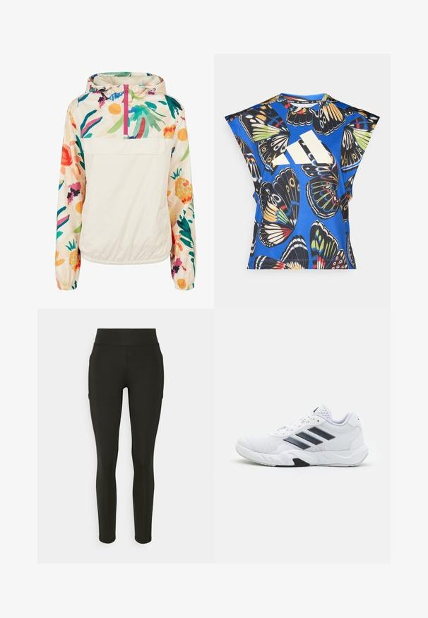 Chaqueta ligera de crema con un patrón floral en colores vibrantes. Presenta un cierre frontal, capucha y puños elásticos para un ajuste seguro.; Camisa de manga corta azul con un vibrante estampado de mariposas en varios colores, con un gran logo blanco en la parte delantera y un escote redondo.; Leggings negros de tejido elástico con una cintura alta, que presentan una textura suave y sin patrones o adornos visibles.; Zapatilla deportiva blanca con parte superior de malla, tres franjas negras a los lados, acentos texturizados y una suela de goma resistente con una sección negra en contraste.