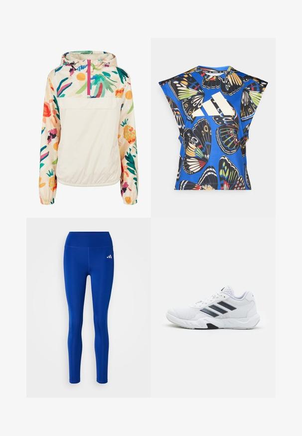 Lehký krémový pulover s květinovým vzorem v živých barvách. Má přední zip, kapuci a elastické manžety pro bezpečné nošení.; Modrá košile s krátkými rukávy, která má živý potisk motýlů v různých barvách, velké bílé logo na přední straně a kulatý výstřih.; adidas Performance Punčochy - semi lucid blue; Bílé sportovní boty s vrškem ze síťoviny, třemi černými pruhy po stranách, texturovanými akcenty a odolnou gumovou podrážkou s kontrastní černou částí.