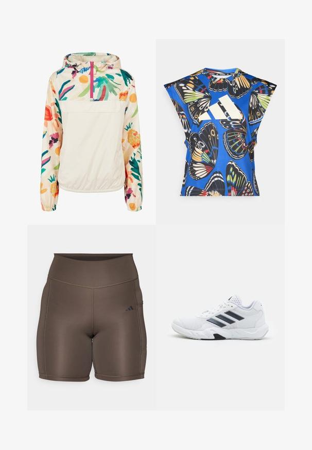 Giacca leggera a pullover in crema con un motivo floreale dai colori vivaci. Caratterizzata da una zip anteriore, cappuccio e polsini elastici per una vestibilità sicura.; Camicia blu a maniche corte con una vivace stampa di farfalle in vari colori, dotata di un grande logo bianco sul davanti e di un collo rotondo.; Pantaloni sportivi marroni con una texture liscia, vita alta e cuciture scure a contrasto. Presentano un piccolo logo nero sul lato sinistro.; Scarpa sportiva bianca con tomaia in mesh, tre strisce nere sui lati, dettagli testurizzati e una suola in gomma robusta con una sezione nera a contrasto.