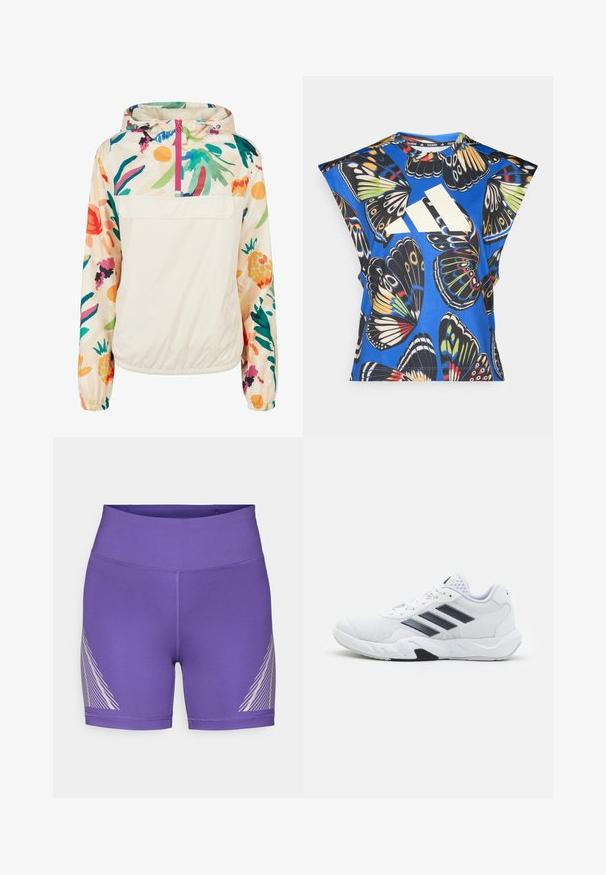 Lichtgewicht, crèmekleurige pulloverjack met een bloemenpatroon in levendige kleuren. Voorzien van een rits aan de voorkant, een capuchon en elastische manchetten voor een omsloten pasvorm.; Blauw T-shirt met korte mouwen, versierd met een levendige vlinderprint in verschillende kleuren, met een groot wit logo aan de voorkant en een ronde halslijn.; Paarse sportshorts van rekbare stof met een hoge tailleband en een diagonale witte lijnpatroon aan de linkerkant.; Witte sportieve schoen met een bovenwerk van mesh, drie zwarte strepen aan de zijkant, gestructureerde accenten en een stevige rubberen zool met een contrasterend zwart gedeelte.