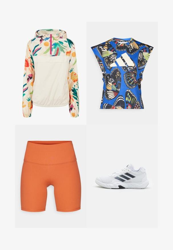 Lehký krémový pulover s květinovým vzorem v živých barvách. Má přední zip, kapuci a elastické manžety pro bezpečné nošení.; Modrá košile s krátkými rukávy, která má živý potisk motýlů v různých barvách, velké bílé logo na přední straně a kulatý výstřih.; Oranžové sportovní šortky vyrobené z hladkého, elastického materiálu. Vysoký pás s švy podél švů. Délka do poloviny stehna.; Bílé sportovní boty s vrškem ze síťoviny, třemi černými pruhy po stranách, texturovanými akcenty a odolnou gumovou podrážkou s kontrastní černou částí.