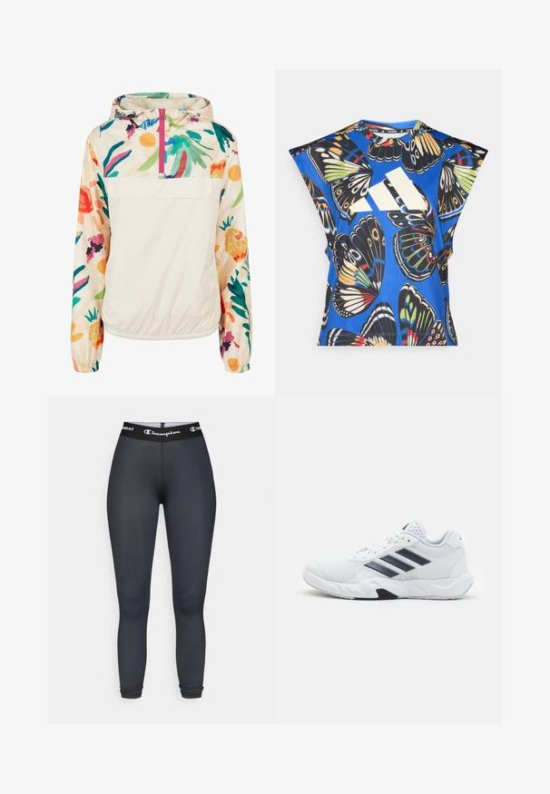 Lagani, krem pulover jakna s cvjetnim uzorkom u živim bojama. Ima prednji zip, kapuljaču i elastične manžete za sigurno prianjanje.; Plava košulja kratkih rukava s vibrantnim uzorkom leptira u raznim bojama, s velikim bijelim logom sprijeda i okruglim izrezom.; Crne atletske tajice napravljene od glatkog, rastezljivog materijala. Imaju širok pojas sa "Champion" logom i prilagođen siluetu.; Bijela atletska cipela s mrežastim gornjim dijelom, tri crne pruge sa strane, strukturirani detalji i čvrst gumeni potplat s kontrastnim crnim dijelom.