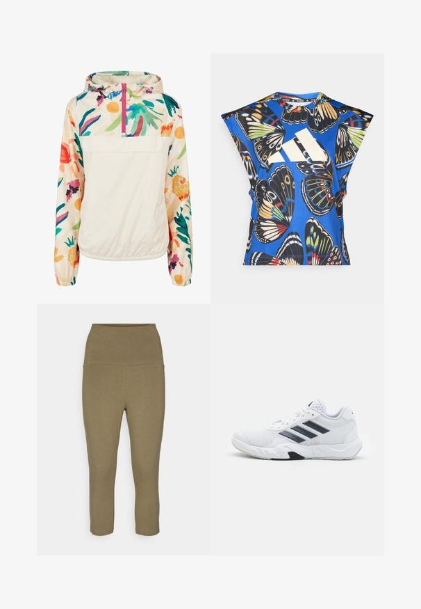 Letvægts, cremet pullover-jakke med et blomsterdesign i strålende farver. Har en lynlås foran, hætte og elastiske manchetter for en sikker pasform.; Blå kortærmet skjorte med et livligt sommerfuglemønster i forskellige farver, med et stort hvidt logo på forsiden og en rund halsudskæring.; Olivengrøn capri leggings lavet af blødt, strækbart stof; har en bred talje for støtte og sømløst design for komfort.; Hvid atletisk sko med mesh-overdel, tre sorte striber på siden, strukturerede accenter og en robust gummisål med et kontrasterende sort område.
