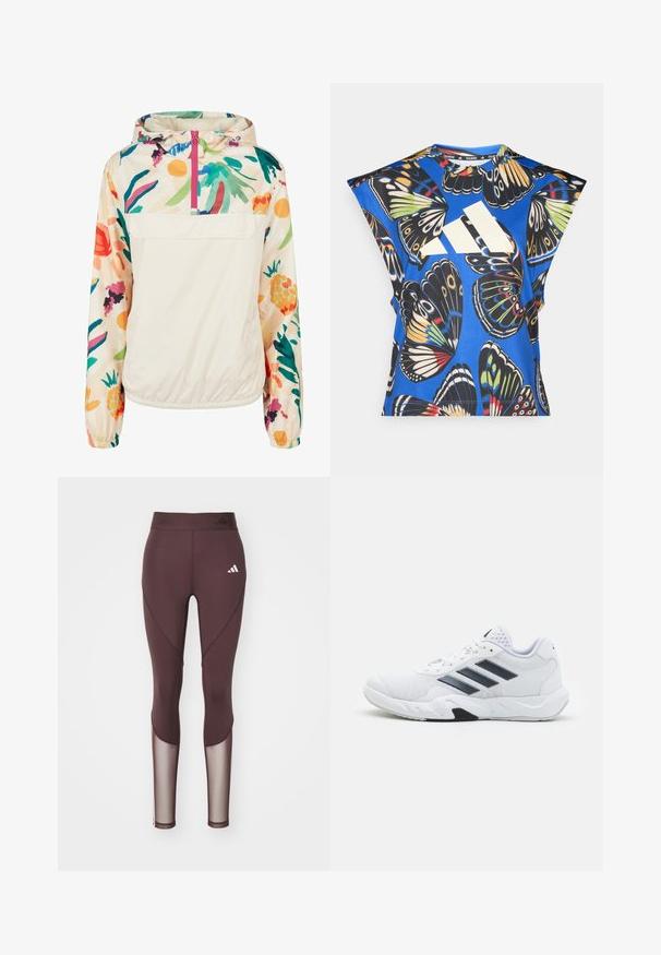 Leichter, cremefarbener Pullover-Jacke mit einem blumigen Muster in lebendigen Farben. Verfügt über einen Frontreißverschluss, eine Kapuze und elastische Bündchen für einen sicheren Sitz.; Blaues Kurzarmhemd mit lebhaftem Schmetterlingsdruck in verschiedenen Farben, einem großen weißen Logo auf der Vorderseite und einem runden Halsausschnitt.; Burgunderfarbene Sportleggings mit Netzeinsätzen, figurbetontem Design und elastischem Bund. Mit weißem Logo am linken Oberschenkel und Nahtdetails.; Weißer Sportschuh mit Mesh-Obermaterial, drei schwarzen Streifen an der Seite, strukturierten Akzenten und einer robusten Gummisohle mit einem kontrastierenden schwarzen Bereich.