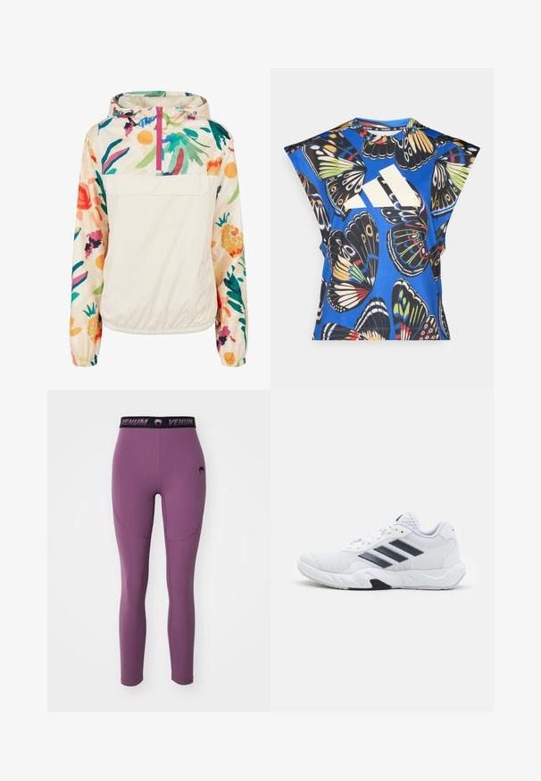 Lahki, kremni pulover jakna s cvetličnim vzorcem v živih barvah. Ima sprednji zadrgo, kapuco in elastične manšete za varen oprijem.; Modra kratka majica s kratkimi rokavi, ki vsebuje živahno potisk z metulji v različnih barvah, z velikim belim logotipom spredaj in okroglim izrezom.; Vijolične leggins hlače s prilegnjeno zasnovo, elastičen črn pas z blagovno znamko "Venum" in sijoča, gladka tekstura tkanine.; Bela atletska čevlja z mrežastim zgornjim delom, tremi črnimi črtami na strani, teksturiranimi dodatki in trdim gumijastim podplatom z kontrastnim črnim delom.