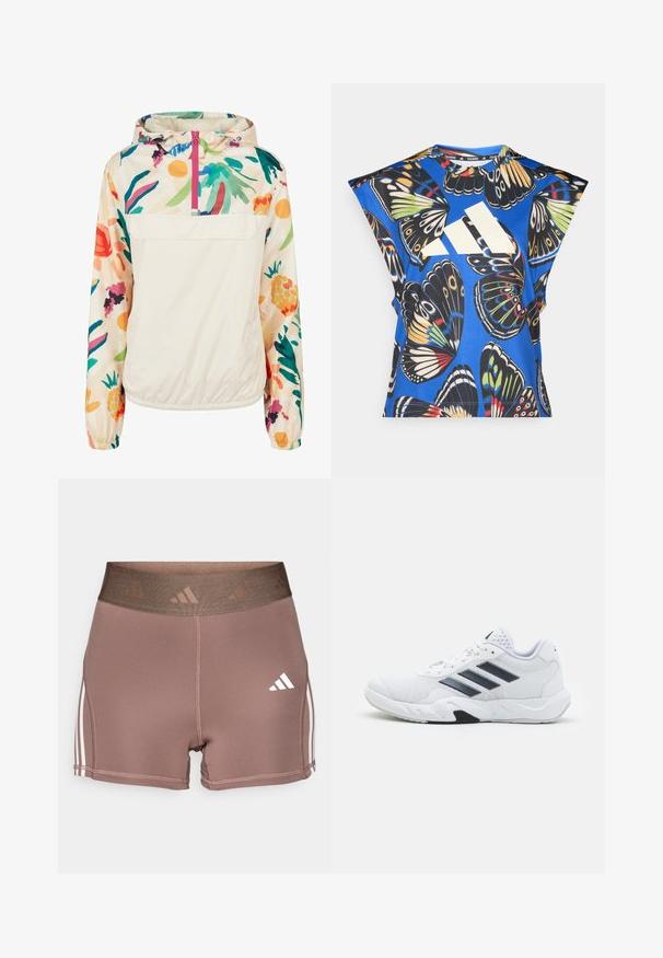 Lahki, kremni pulover jakna s cvetličnim vzorcem v živih barvah. Ima sprednji zadrgo, kapuco in elastične manšete za varen oprijem.; Modra kratka majica s kratkimi rokavi, ki vsebuje živahno potisk z metulji v različnih barvah, z velikim belim logotipom spredaj in okroglim izrezom.; Rjavi športni šorts z širokim teksturiranim pasom. Ima bele trojne črte ob straneh in majhen bel logo.; Bela atletska čevlja z mrežastim zgornjim delom, tremi črnimi črtami na strani, teksturiranimi dodatki in trdim gumijastim podplatom z kontrastnim črnim delom.