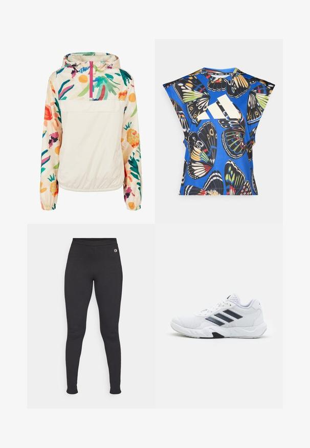 Veste à capuche légère en crème avec un motif floral aux couleurs vives. Elle dispose d'une fermeture éclair à l'avant et de poignets élastiques pour un ajustement sécurisé.; Chemise bleue à manches courtes ornée d'un imprimé de papillons colorés, avec un grand logo blanc sur le devant et un col rond.; Leggings noirs en matériau extensible, dotés d'une taille haute et d'un petit logo sur la hanche gauche. Texture lisse.; Baskets blanches avec une tige en maille, trois rayures noires sur le côté, des accents texturés et une semelle en caoutchouc robuste avec une section noire contrastante.