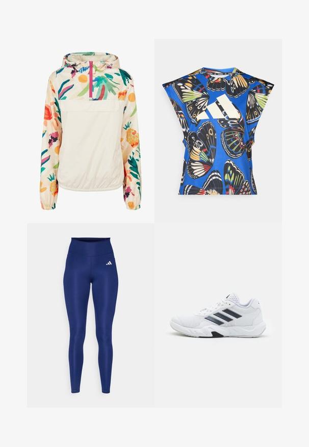 Lahki, kremni pulover jakna s cvetličnim vzorcem v živih barvah. Ima sprednji zadrgo, kapuco in elastične manšete za varen oprijem.; Modra kratka majica s kratkimi rokavi, ki vsebuje živahno potisk z metulji v različnih barvah, z velikim belim logotipom spredaj in okroglim izrezom.; Temno modre legice iz raztegljivega materiala z visokim pasom. Na sprednjem levem stegnu se nahaja bel logotip Adidas.; Bela atletska čevlja z mrežastim zgornjim delom, tremi črnimi črtami na strani, teksturiranimi dodatki in trdim gumijastim podplatom z kontrastnim črnim delom.