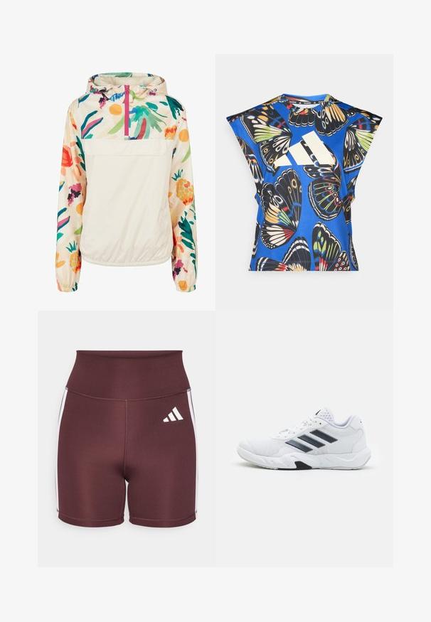 Ľahká, krémová puloverová bunda s kvetinovým vzorom v živých farbách. Obsahuje predný zips, kapucňu a elastické manžety pre bezpečné uchytenie.; Modrá košeľa s krátkym rukávom s živým potlačou motýľa v rôznych farbách, s veľkým bielym logom na prednej strane a okrúhlym výstrihom.; Bordo šortky s vysokým pásom vyrobené z elastického materiálu, s bielymi bočnými pruhmi a bielym logom Adidas na prednej strane.; Biele športové topánky s ventilovaným vrchom, tromi čiernymi pruhmi po stranách, textúrovanými akcentmi a pevným gumovým podošvom s kontrastnou čiernou časťou.