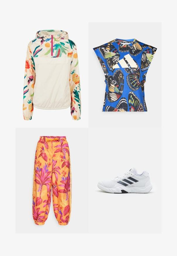Könnyű, krémszínű pulóver dzseki élénk színekben pompázó virágmintával. Elöl cipzárral, kapucnival és elasztikus mandzsettákkal a biztonságos illeszkedés érdekében.; Kék, rövid ujjú ing, amelyet élénk pillangó mintázat díszít különböző színekben, az elején egy nagy fehér logóval és kerek nyakkivágással.; Narancssárga anyagú harem nadrág nagy rózsaszín és lila virágmintákkal. Rugalmas derékpánt húzózsinórral, bordás bokák.; Fehér sportcipő, hálós felsőrésszel, az oldalon három fekete csíkkal, textúrázott részletekkel és egy tartós gumi talppal, amelynek ellentétes fekete szakasza van.