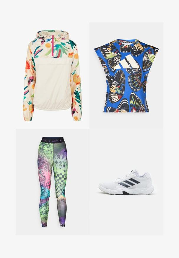 Lehký krémový pulover s květinovým vzorem v živých barvách. Má přední zip, kapuci a elastické manžety pro bezpečné nošení.; Modrá košile s krátkými rukávy, která má živý potisk motýlů v různých barvách, velké bílé logo na přední straně a kulatý výstřih.; Barevné legíny s různými vzory v zelené, růžové a modré barvě s černým páskem označeným "TECHFIT" a různými grafickými designy.; Bílé sportovní boty s vrškem ze síťoviny, třemi černými pruhy po stranách, texturovanými akcenty a odolnou gumovou podrážkou s kontrastní černou částí.
