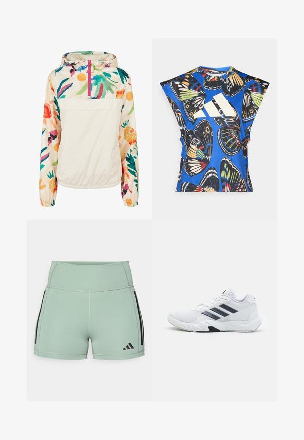 Jachetă pulover ușoară, din crem, cu un model floral în culori vibrante. Are un fermoar frontal, gluga și manșete elastice pentru o fixare sigură.; Cămașă albastră cu mânecă scurtă, decorată cu un imprimeu vibrant de fluturi în diverse culori, având un mare logo alb pe față și un guler rotund.; Pantaloni scurți sportivi dintr-un material mint verde deschis, cu dungi laterale negre și logo, având cusături plate pentru un plus de confort.; Adidași albi cu partea superioară din plasă, trei dungi negre pe lateral, accente texturate și o talpă din cauciuc solidă cu o secțiune contrastantă neagră.