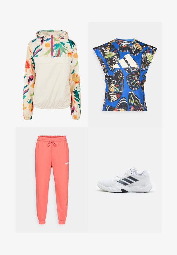 Lengvas, kreminės spalvos megztinis su gėlėmis ryškiomis spalvomis. Savybės: priekinis užtrauktukas, kapišonas ir elastingi rankogaliai, užtikrinantys tvirtą tinkamumą.; Mėlyna trumpomis rankovėmis marškinėliai, puošti ryškiais drugelių motyvais įvairiomis spalvomis, su dideliu baltu logotipu priekyje ir apvaliu iškirpimu.; Koraliniai sportiniai kelnių kelnaitės su elastingu juosmeniu ir reguliuojamu raišteliu. Su serviukais ir balta Adidas logotipu atspausdintu ant klubų.; Baltas sportinis batelis su tinklelio viršumi, trimis juodomis juostelėmis šone, tekstūruotais akcentais ir tvirtu guminio pado su kontrastinga juoda dalimi.