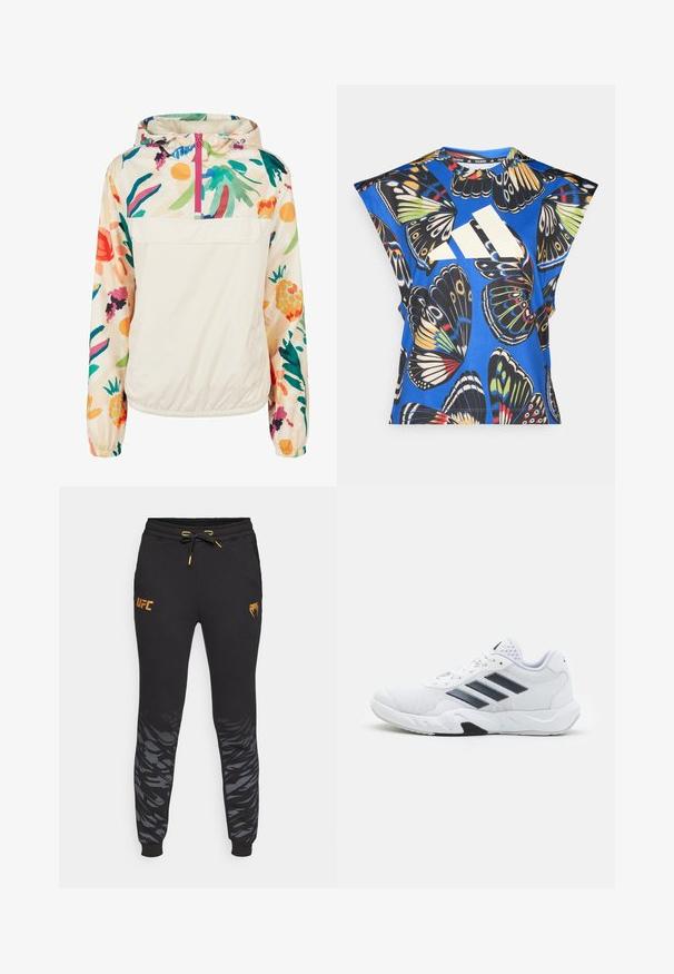 Lehký krémový pulover s květinovým vzorem v živých barvách. Má přední zip, kapuci a elastické manžety pro bezpečné nošení.; Modrá košile s krátkými rukávy, která má živý potisk motýlů v různých barvách, velké bílé logo na přední straně a kulatý výstřih.; Černé tepláky s tapered střihem, mají elastický pas, šňůrku, zlaté logo UFC a šedý abstraktní vzor na dolní části nohavic.; Bílé sportovní boty s vrškem ze síťoviny, třemi černými pruhy po stranách, texturovanými akcenty a odolnou gumovou podrážkou s kontrastní černou částí.
