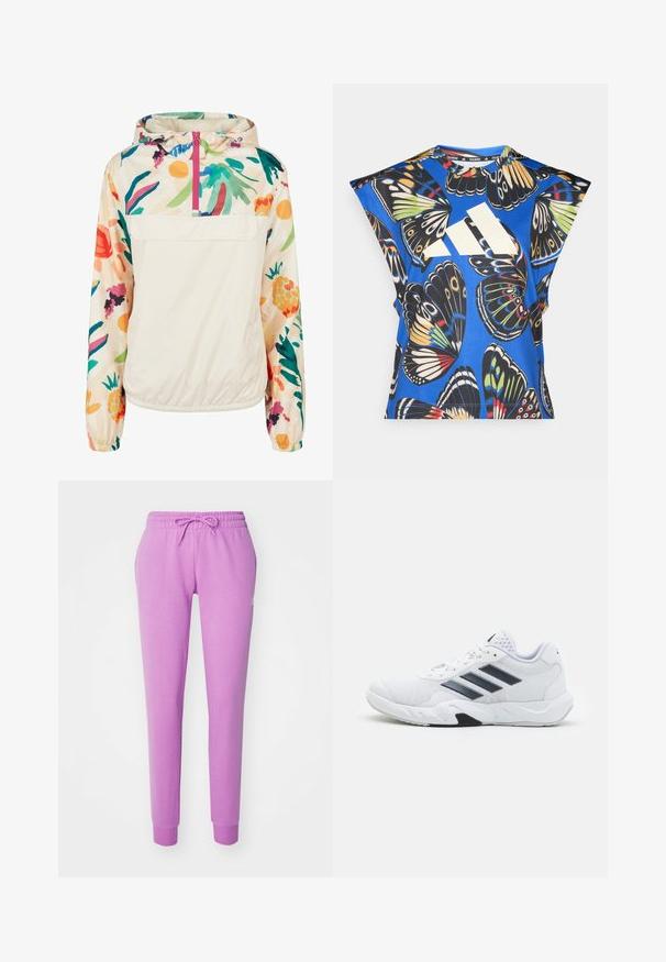 Lagani, krem pulover jakna s cvjetnim uzorkom u živim bojama. Ima prednji zip, kapuljaču i elastične manžete za sigurno prianjanje.; Plava košulja kratkih rukava s vibrantnim uzorkom leptira u raznim bojama, s velikim bijelim logom sprijeda i okruglim izrezom.; adidas Sportswear ESSENTIALS LINEAR CUFFED - Donji dijelovi trenirke - preloved purple; Bijela atletska cipela s mrežastim gornjim dijelom, tri crne pruge sa strane, strukturirani detalji i čvrst gumeni potplat s kontrastnim crnim dijelom.
