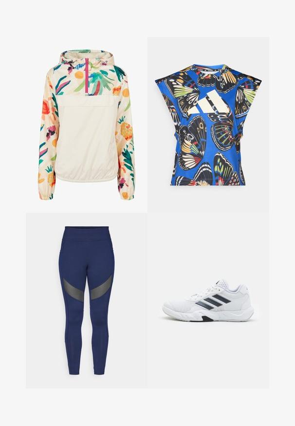 Lichtgewicht, crèmekleurige pulloverjack met een bloemenpatroon in levendige kleuren. Voorzien van een rits aan de voorkant, een capuchon en elastische manchetten voor een omsloten pasvorm.; Blauw T-shirt met korte mouwen, versierd met een levendige vlinderprint in verschillende kleuren, met een groot wit logo aan de voorkant en een ronde halslijn.; Navy blauwe leggings van rekbaar materiaal, met grijze accentpanelen en een hoge tailleband. Ontworpen voor actieve kleding.; Witte sportieve schoen met een bovenwerk van mesh, drie zwarte strepen aan de zijkant, gestructureerde accenten en een stevige rubberen zool met een contrasterend zwart gedeelte.
