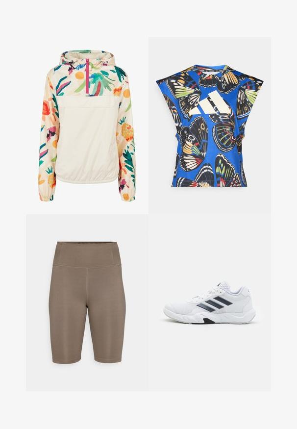 Lightweight, cream pullover jacket with a floral pattern in vibrant colors. Features a front zip, hood, and elastic cuffs for a secure fit.; Blue short-sleeve shirt featuring a vibrant butterfly print in various colors, with a large white logo on the front and a round neckline.; Brown bike shorts made of stretchy fabric with a high waistband. Features smooth texture and flat seams for comfort. No visible logos or patterns.; White athletic shoe with mesh upper, three black stripes on the side, textured accents, and a sturdy rubber sole with a contrasting black section.
