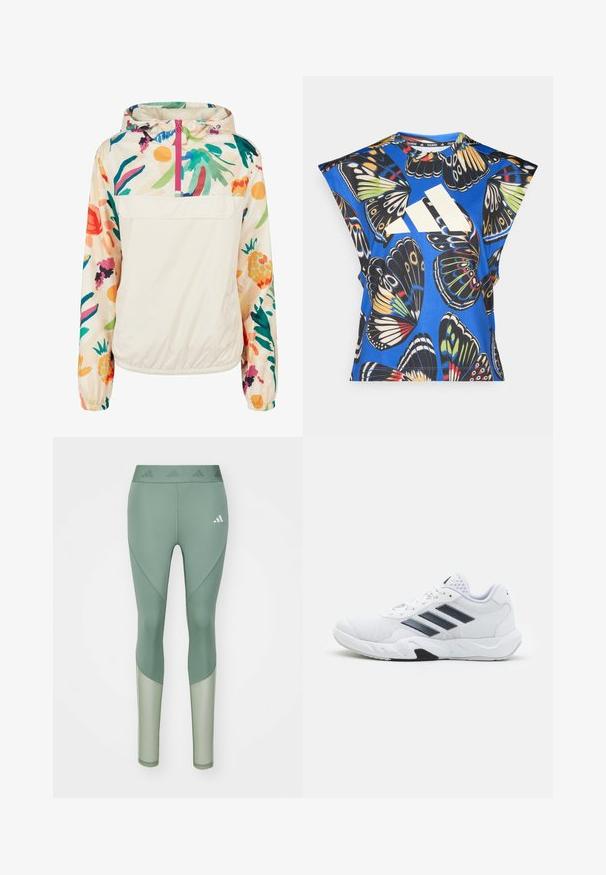 Lichtgewicht, crèmekleurige pulloverjack met een bloemenpatroon in levendige kleuren. Voorzien van een rits aan de voorkant, een capuchon en elastische manchetten voor een omsloten pasvorm.; Blauw T-shirt met korte mouwen, versierd met een levendige vlinderprint in verschillende kleuren, met een groot wit logo aan de voorkant en een ronde halslijn.; Groene sportleggingen met een hoge taille, met een soepele textuur, paneelontwerp en een wit logo aan de voorkant.; Witte sportieve schoen met een bovenwerk van mesh, drie zwarte strepen aan de zijkant, gestructureerde accenten en een stevige rubberen zool met een contrasterend zwart gedeelte.