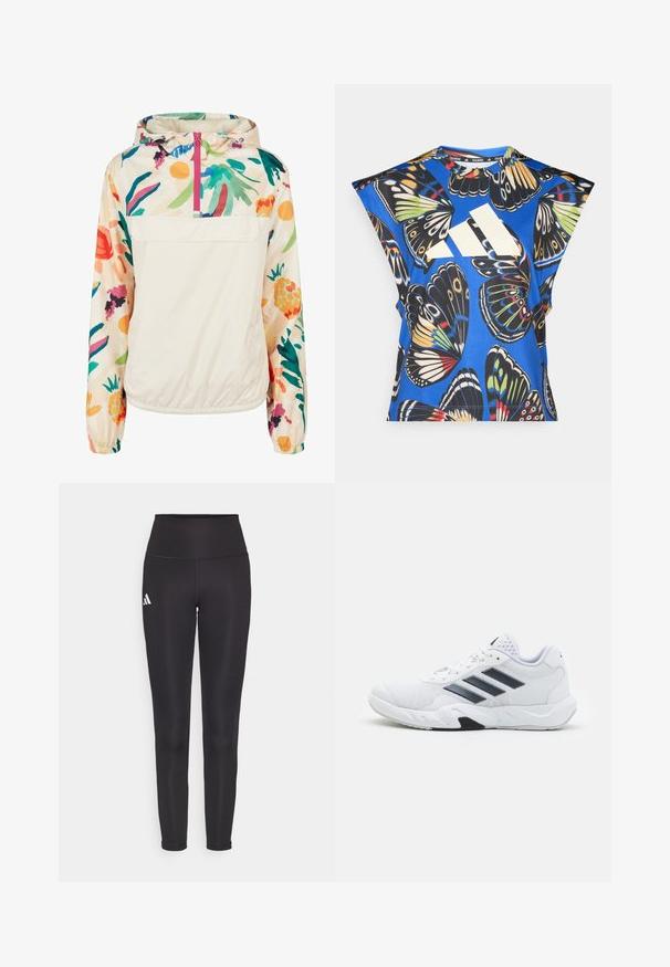 Giacca leggera a pullover in crema con un motivo floreale dai colori vivaci. Caratterizzata da una zip anteriore, cappuccio e polsini elastici per una vestibilità sicura.; Camicia blu a maniche corte con una vivace stampa di farfalle in vari colori, dotata di un grande logo bianco sul davanti e di un collo rotondo.; Leggings neri a vita alta realizzati in tessuto elastico. Presentano un logo bianco sul lato sinistro e un design elegante e senza cuciture. Texture liscia.; Scarpa sportiva bianca con tomaia in mesh, tre strisce nere sui lati, dettagli testurizzati e una suola in gomma robusta con una sezione nera a contrasto.