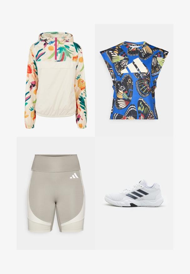 Lehký krémový pulover s květinovým vzorem v živých barvách. Má přední zip, kapuci a elastické manžety pro bezpečné nošení.; Modrá košile s krátkými rukávy, která má živý potisk motýlů v různých barvách, velké bílé logo na přední straně a kulatý výstřih.; Béžové sportovní šortky s vysokým pasem, vyrobené z elastického materiálu. Obsahují bílé boční panely a logo Adidas na pravé horní straně.; Bílé sportovní boty s vrškem ze síťoviny, třemi černými pruhy po stranách, texturovanými akcenty a odolnou gumovou podrážkou s kontrastní černou částí.