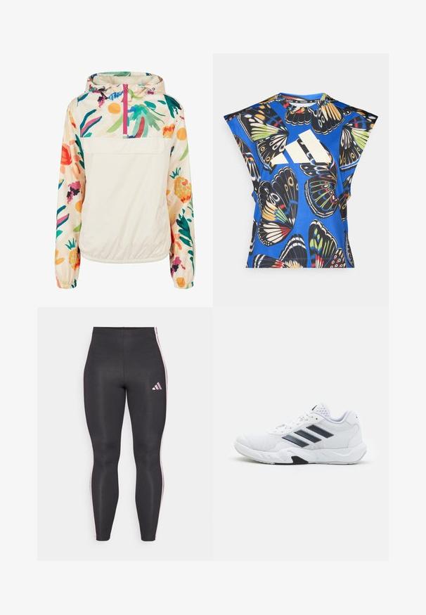 Lahki, kremni pulover jakna s cvetličnim vzorcem v živih barvah. Ima sprednji zadrgo, kapuco in elastične manšete za varen oprijem.; Modra kratka majica s kratkimi rokavi, ki vsebuje živahno potisk z metulji v različnih barvah, z velikim belim logotipom spredaj in okroglim izrezom.; Črne legice iz gladkega, elastičnega materiala z rožnatimi stranskimi črtami in majhnim rožnatim logotipom na levem stegnu. Prilega se postavi.; Bela atletska čevlja z mrežastim zgornjim delom, tremi črnimi črtami na strani, teksturiranimi dodatki in trdim gumijastim podplatom z kontrastnim črnim delom.