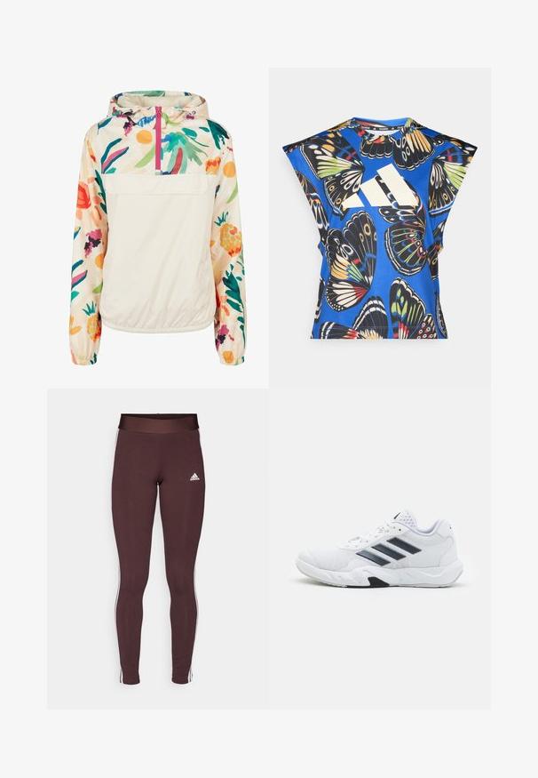 Lengvas, kreminės spalvos megztinis su gėlėmis ryškiomis spalvomis. Savybės: priekinis užtrauktukas, kapišonas ir elastingi rankogaliai, užtikrinantys tvirtą tinkamumą.; Mėlyna trumpomis rankovėmis marškinėliai, puošti ryškiais drugelių motyvais įvairiomis spalvomis, su dideliu baltu logotipu priekyje ir apvaliu iškirpimu.; adidas Sportswear 3 STRIPES - Tamprės - shadow brown; Baltas sportinis batelis su tinklelio viršumi, trimis juodomis juostelėmis šone, tekstūruotais akcentais ir tvirtu guminio pado su kontrastinga juoda dalimi.