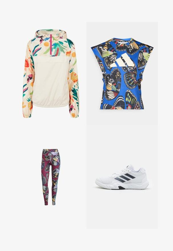 Veste à capuche légère en crème avec un motif floral aux couleurs vives. Elle dispose d'une fermeture éclair à l'avant et de poignets élastiques pour un ajustement sécurisé.; Chemise bleue à manches courtes ornée d'un imprimé de papillons colorés, avec un grand logo blanc sur le devant et un col rond.; Leggings imprimés de papillons en aubergine, fabriqués dans un tissu extensible, dotés d'une taille haute et de rayures latérales contrastantes pour une touche supplémentaire.; Baskets blanches avec une tige en maille, trois rayures noires sur le côté, des accents texturés et une semelle en caoutchouc robuste avec une section noire contrastante.