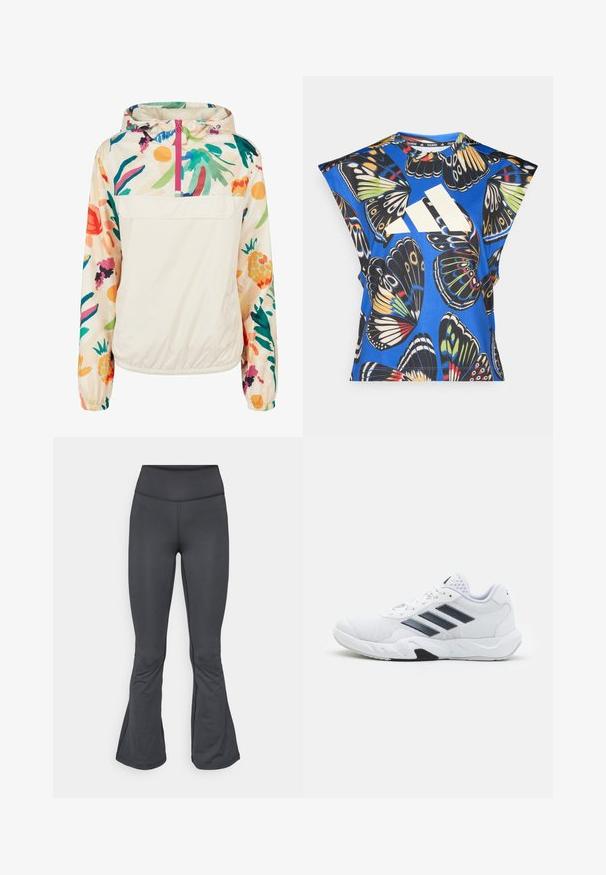 Chaqueta ligera de crema con un patrón floral en colores vibrantes. Presenta un cierre frontal, capucha y puños elásticos para un ajuste seguro.; Camisa de manga corta azul con un vibrante estampado de mariposas en varios colores, con un gran logo blanco en la parte delantera y un escote redondo.; Leggings grises con un diseño de parte inferior acampanada, hechos de material suave y elástico, que cuentan con una cintura alta y una construcción sin costuras.; Zapatilla deportiva blanca con parte superior de malla, tres franjas negras a los lados, acentos texturizados y una suela de goma resistente con una sección negra en contraste.