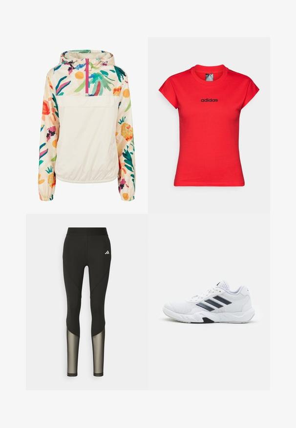 Letvægts, cremet pullover-jakke med et blomsterdesign i strålende farver. Har en lynlås foran, hætte og elastiske manchetter for en sikker pasform.; Rød, tætsiddende T-shirt lavet af bomuld med optrukne korte ærmer og et sort "adidas"-logo på brystet. Glat tekstur og rund halsudskæring.; Sorte atletiske leggings med høj talje, der har mesh-detaljer nederst på benene og et broderet logo på hoften.; Hvid atletisk sko med mesh-overdel, tre sorte striber på siden, strukturerede accenter og en robust gummisål med et kontrasterende sort område.