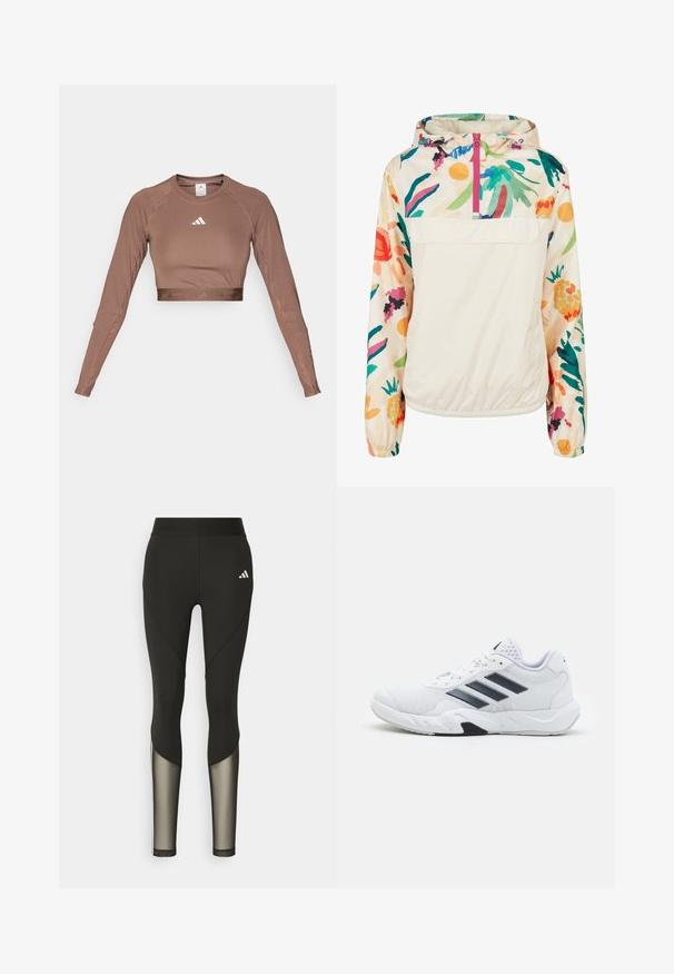 Lagani, krem pulover jakna s cvjetnim uzorkom u živim bojama. Ima prednji zip, kapuljaču i elastične manžete za sigurno prianjanje.; Smeđi dugoruki crop top izrađen od glatkog, rastezljivog materijala. Ima okrugli izrez i kontrastni bijeli logo na prsima.; Crne atletske tajice s visokim strukom, sa mrežastim detaljima na donjim nogavicama i izvezenim logotipom na kuku.; Bijela atletska cipela s mrežastim gornjim dijelom, tri crne pruge sa strane, strukturirani detalji i čvrst gumeni potplat s kontrastnim crnim dijelom.