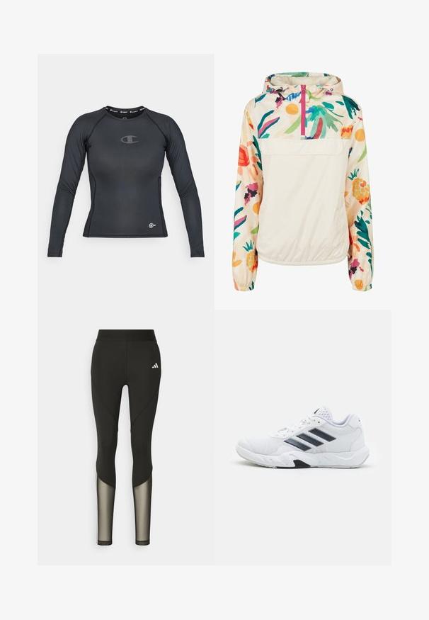 Leichter, cremefarbener Pullover-Jacke mit einem blumigen Muster in lebendigen Farben. Verfügt über einen Frontreißverschluss, eine Kapuze und elastische Bündchen für einen sicheren Sitz.; Schwarz langärmliges Sportshirt aus dehnbarem Material, mit rundem Halsausschnitt und Logodetail auf der Brust und dem Saum.; Schwarze Sportleggings mit hohem Bund, die Mesh-Einsätze an den Unterschenkeln und ein gesticktes Logo an der Hüfte aufweisen.; Weißer Sportschuh mit Mesh-Obermaterial, drei schwarzen Streifen an der Seite, strukturierten Akzenten und einer robusten Gummisohle mit einem kontrastierenden schwarzen Bereich.