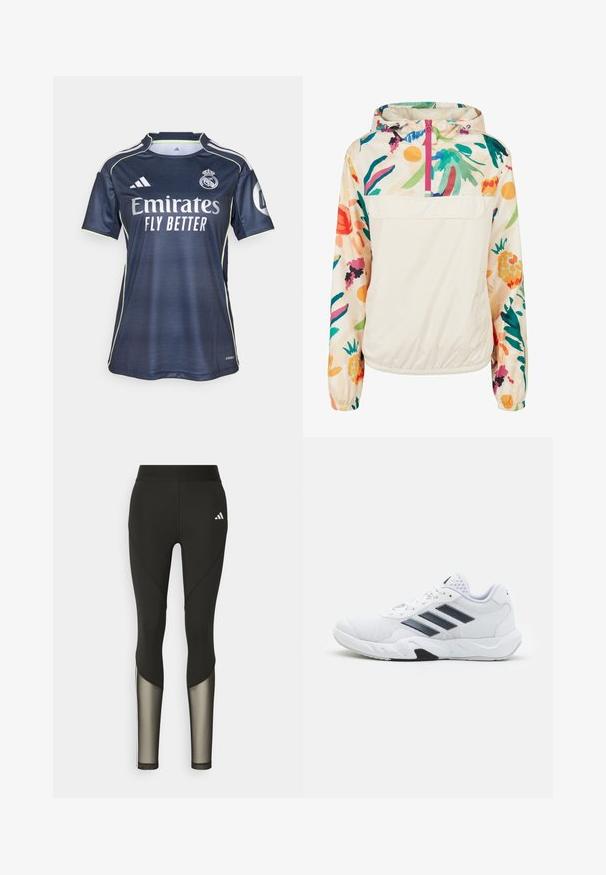 Lehký krémový pulover s květinovým vzorem v živých barvách. Má přední zip, kapuci a elastické manžety pro bezpečné nošení.; Námořnický fotbalový dres s světle zeleným lemováním, obsahující logo "Emirates Fly Better" a emblém Real Madrid, krátké rukávy a kulatý výstřih.; Černé sportovní legíny s vysokým pasem, které mají síťované prvky na dolních nohavicích a vyšívané logo na boku.; Bílé sportovní boty s vrškem ze síťoviny, třemi černými pruhy po stranách, texturovanými akcenty a odolnou gumovou podrážkou s kontrastní černou částí.