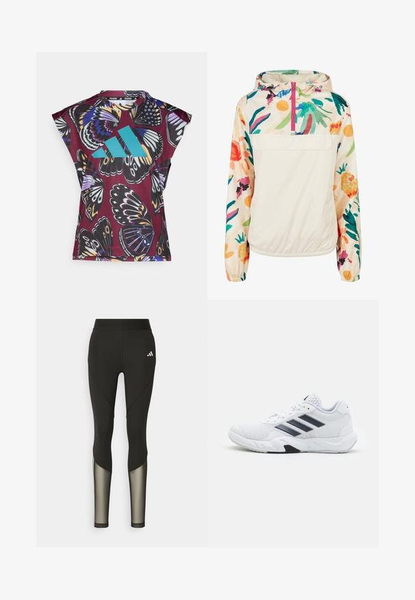 Giacca leggera a pullover in crema con un motivo floreale dai colori vivaci. Caratterizzata da una zip anteriore, cappuccio e polsini elastici per una vestibilità sicura.; Maglietta atletica corta a maniche con stampa di farfalla in colore bordeaux e nero; dettaglio del logo turchese; texture del tessuto liscia.; Leggings sportivi neri con vita alta, dotati di inserti in rete sulla parte inferiore delle gambe e di un logo ricamato sull'anca.; Scarpa sportiva bianca con tomaia in mesh, tre strisce nere sui lati, dettagli testurizzati e una suola in gomma robusta con una sezione nera a contrasto.