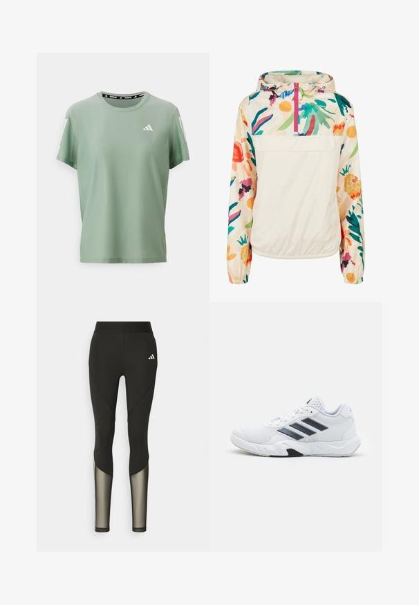 Lagani, krem pulover jakna s cvjetnim uzorkom u živim bojama. Ima prednji zip, kapuljaču i elastične manžete za sigurno prianjanje.; adidas Performance TEE - Sportska majica - silver green; Crne atletske tajice s visokim strukom, sa mrežastim detaljima na donjim nogavicama i izvezenim logotipom na kuku.; Bijela atletska cipela s mrežastim gornjim dijelom, tri crne pruge sa strane, strukturirani detalji i čvrst gumeni potplat s kontrastnim crnim dijelom.